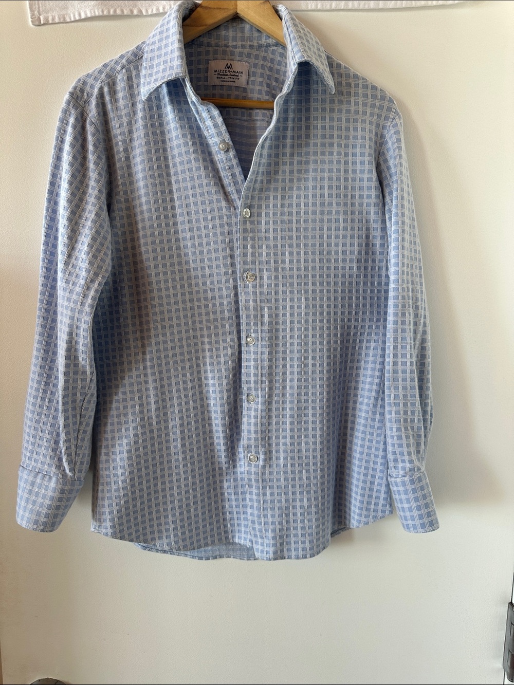 Mizzen+Main Trim Fit Performance Shirt Blue Textured Windowpane Check American S